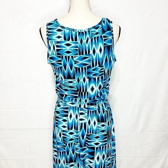 Calvin Klein Blue Print Modern Deco Maxi Dress Cinch Waist Jersey Sz 6 - Picture 6 of 8
